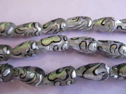 Glass Beads, Fancy, Teardrop, Hand Painted, Black With Silver, 17mm x 9mm, 4pc
