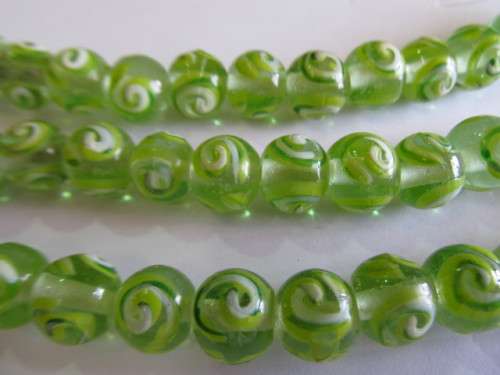 Glass Beads, Fancy, Round, Hand Painted, Green, 10mm, 4pc