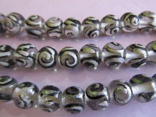 Glass Beads, Fancy, Round, Hand Painted, Black, 10mm, 4pc