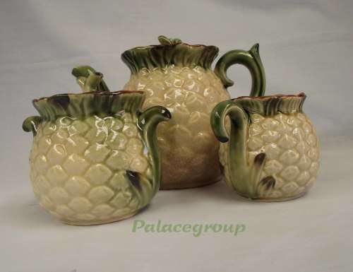 Vintage Teapot With Milk Jug And Sugar Bowl, Pineapple Motive, Beige And Green, See Photos...