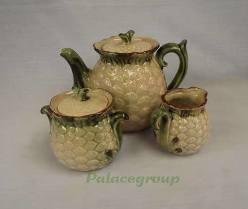 Vintage Teapot With Milk Jug And Sugar Bowl, Pineapple Motive, Beige And Green, See Photos...