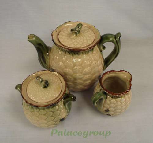 Vintage Teapot With Milk Jug And Sugar Bowl, Pineapple Motive, Beige And Green, See Photos...