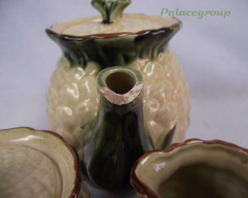 Vintage Teapot With Milk Jug And Sugar Bowl, Pineapple Motive, Beige And Green, See Photos...