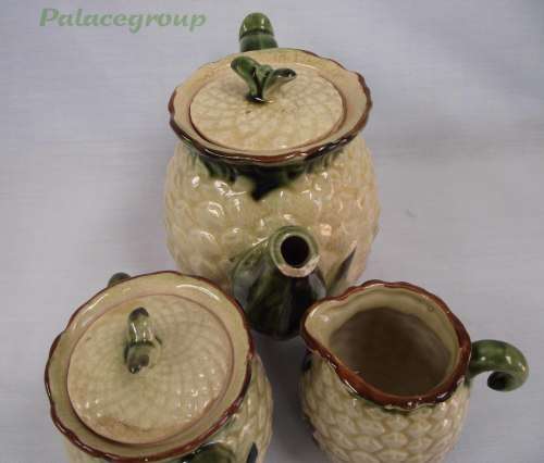 Vintage Teapot With Milk Jug And Sugar Bowl, Pineapple Motive, Beige And Green, See Photos...