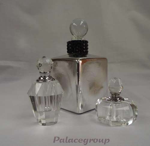 Perfume And Scent Bottles, Crystal Glass, Clear x 2, 1 x Silver Tone Glass Bottle As Per Scan