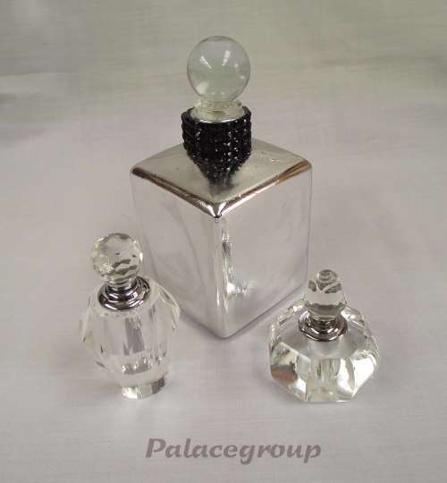 Perfume And Scent Bottles, Crystal Glass, Clear x 2, 1 x Silver Tone Glass Bottle As Per Scan