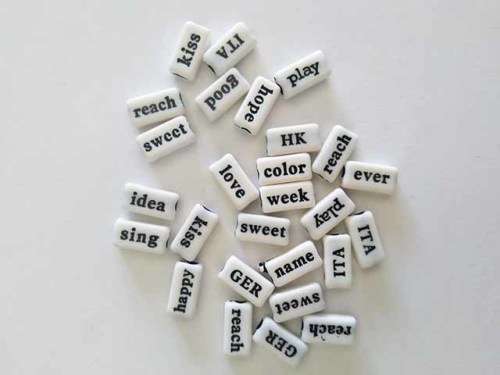 Beading and Jewellery Making, Word Beads, White With Black Writing, 15mm, 8pc