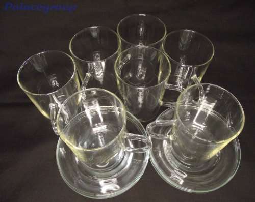 Vintage Simax Borosilicate Glass Tea Set, 7 Glasses With Saurces, Milk Jug And Sugar Bowl