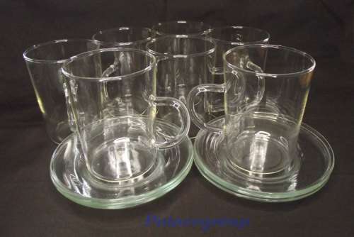 Vintage Simax Borosilicate Glass Tea Set, 7 Glasses With Saurces, Milk Jug And Sugar Bowl