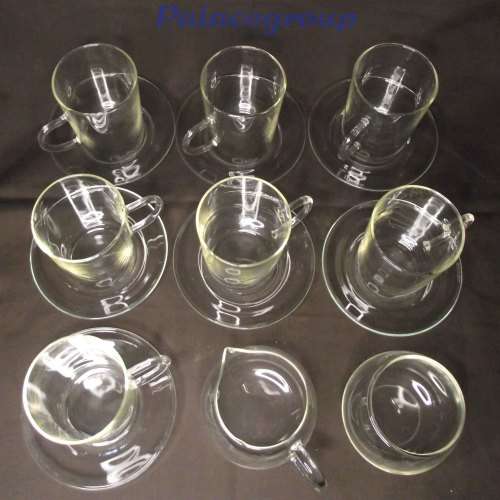 Vintage Simax Borosilicate Glass Tea Set, 7 Glasses With Saurces, Milk Jug And Sugar Bowl