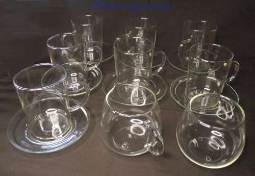 Vintage Simax Borosilicate Glass Tea Set, 7 Glasses With Saurces, Milk Jug And Sugar Bowl