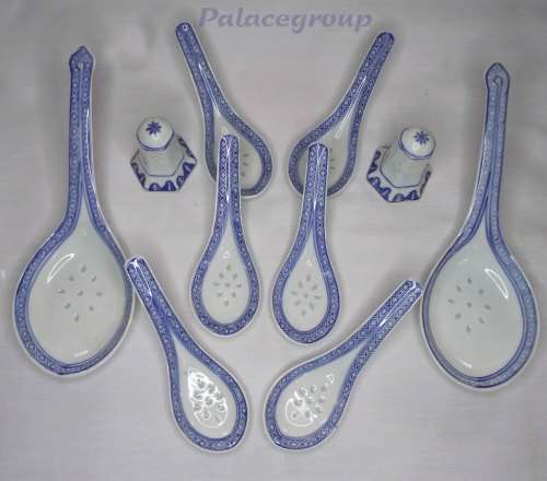 Chinese Rice Grain - Rice Eyes Blue And White Porcelain Spoon Set, See Photo`s