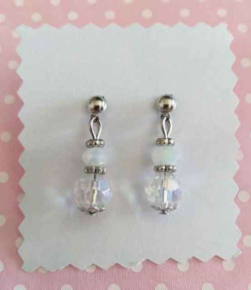 Cristia Earrings, Milky White And Clear Facetted Crystal Beads With Nickel Studs, 25mm, 1 Pair
