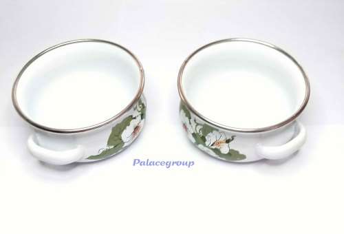 2 x White Enamel Pot With Silver Trimming And Flower Theme, Not Used, Rare Find, 400ml, See Photo`s