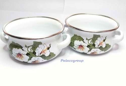 2 x White Enamel Pot With Silver Trimming And Flower Theme, Not Used, Rare Find, 400ml, See Photo`s