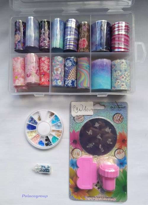 Nail Art Kit, Foil Transfers 16 In Container, Stamp Pad, Nail Art Wheel, Rhinestones, See Photos