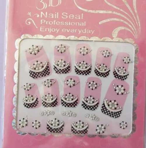 Nail Art Stickers, 3D Design, White With Black, 1pc