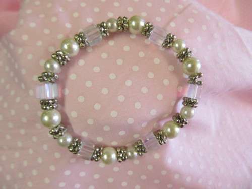 Perrine Bracelet, Cream Faux Pearl With Clear AB Cubes and Elastic, 55mm, Nickel, 1pc
