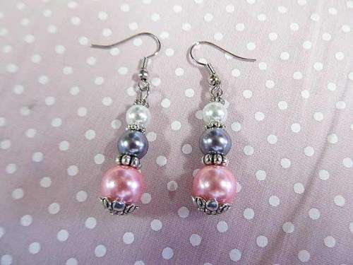 Perrine Earrings, Pink, Grey And White Glass Pearl With Nickel, 51mm, 2pc