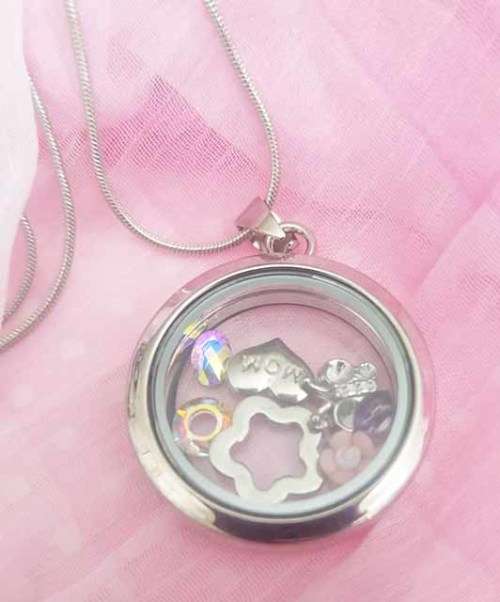 Pliana Necklace, Round Locket With Charms On Snake Chain, Nickel, 60cm + 5cm Ext Chain, 1pc