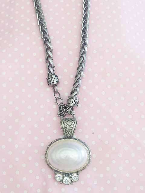 Pliana Necklace, Pink Faux Pearl And Clear Rhinestone Pendant, Antique Nickel Snake Chain, 48cm, 1pc