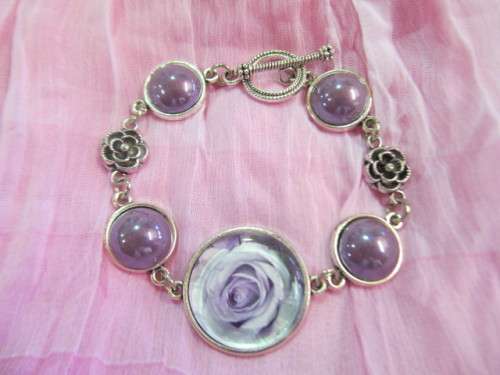 Mistique Bracelet, Purple Cobachon And Purple Rose, Toggle Clasp, Nickel, 21cm, 1pc