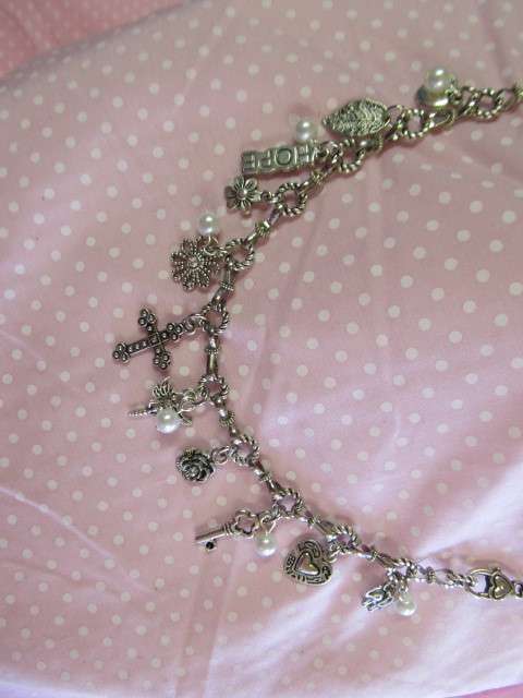 Perrine Necklace, White Faux Pearls With Nickel Charms, Nickel, 49cm, 1pc