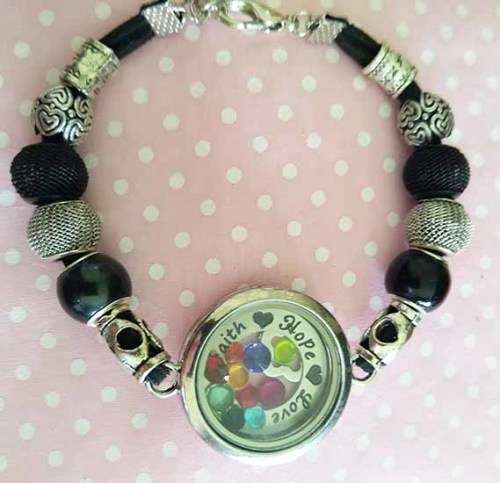 Mistique Bracelet, Nickel Locket On Back Velvet Leather Cord With Nickel And Black Pandora Style Bea