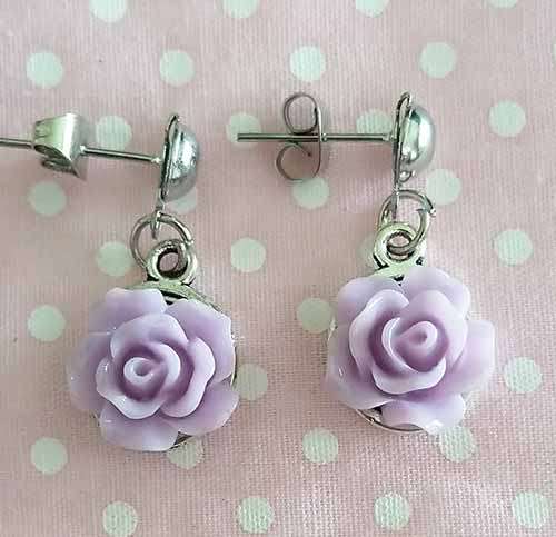 Mistique Earrings, Nickel Studs With Lilac Roses, 28mm, 2pc