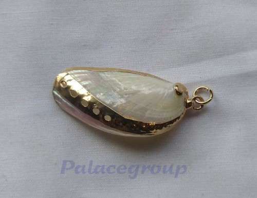 Pendant, Shell Pendant - SA Mini Abalone - Mother Of Pearl And Gold Colour Trimming, 40mm x 20mm