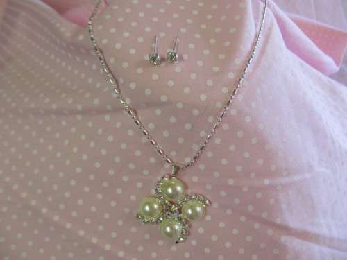 Riza Necklace, Clear Rhinestones With Beige Faux Pearls With Clear Rhinestone Earrings, Nickel, 44cm