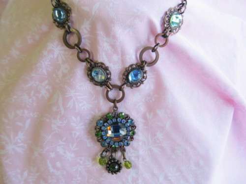 Riza Necklace, Blue And Green Rhinestones, Copper, 40cm With 6cm Extender, 1pc