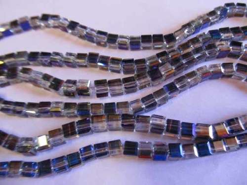 Glass Crystal Beads, Chinese Crystal Cube, Clear With Blue Metallic Cheek, 6mm, ±30pc