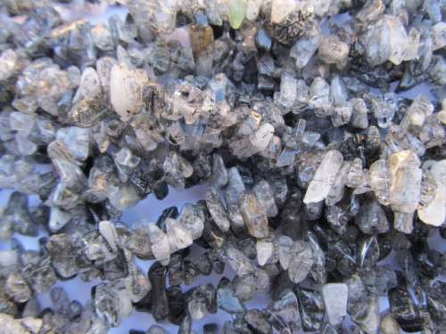 Semi-Precious Beads, Chips, Black Tourmalated Quartz, Small Size Chips, ±40cm, 1 x String