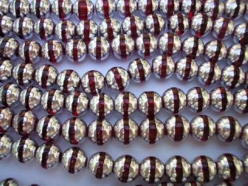 Glass Beads, Fancy, Round, Red With Silver, 10mm, ±10pc
