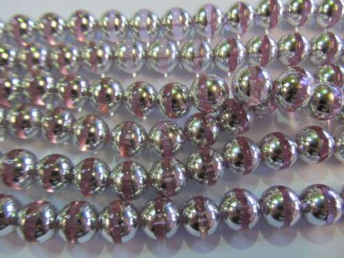 Glass Beads, Fancy, Round, Pink With Silver, 12mm, ±34pc
