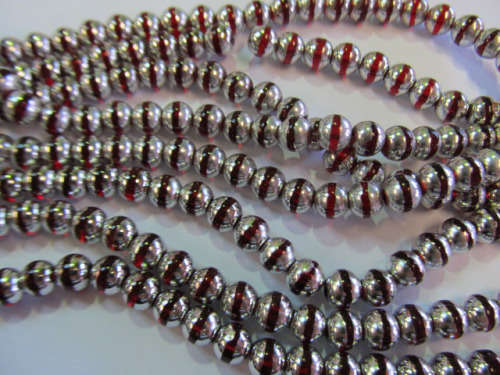 Glass Beads, Fancy, Round, Red With Silver, 8mm, ±52pc