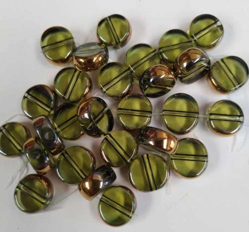 Window Beads, Glass, Oval, Light Green With Gold, 10mm x 12mm, ±28pc