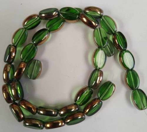 Window Beads, Glass, Oval, Green With Gold, 9mm x 7mm, ±32pc