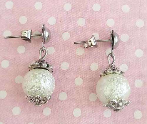 Perrine Earrings, White Glass Pearls With Nickel Findings On Studs, 26mm, 2pc