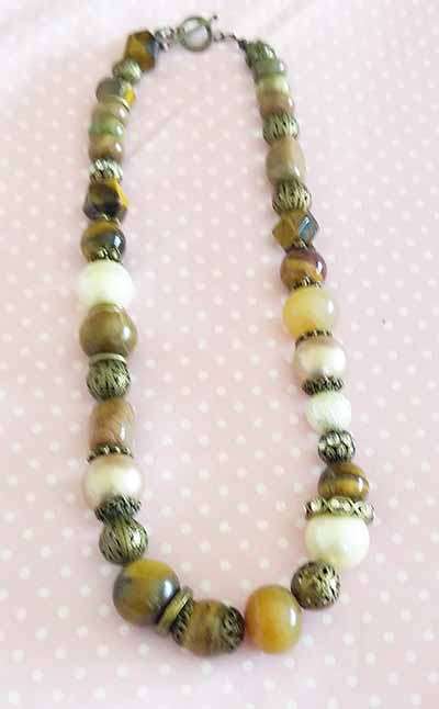 Necklace, Shades Of Brown Semi-Precious Beads and Beige Shell Pearls, Toggle Clasp, 46cm
