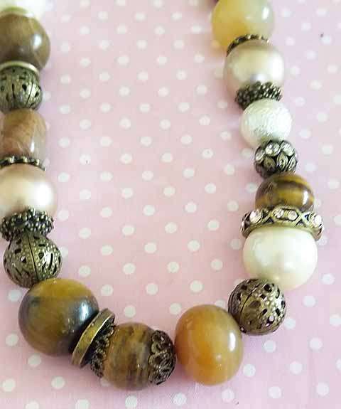 Necklace, Shades Of Brown Semi-Precious Beads and Beige Shell Pearls, Toggle Clasp, 46cm