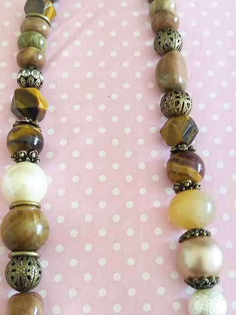 Necklace, Shades Of Brown Semi-Precious Beads and Beige Shell Pearls, Toggle Clasp, 46cm