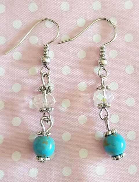 Simone Earrings, Turquoise Semi-Precious and Clear Crystal Beads, Nickel Sheperds Hook, 44mm