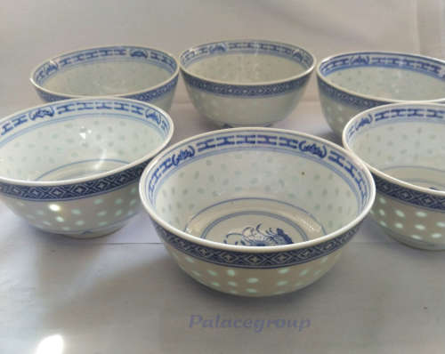 Chinese Rice Grain - 6 x Rice Eyes Blue And White Bowl, 200ml, See Photo`s