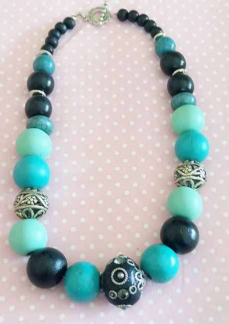 Burtell Necklace, Black And Green Wooden Beads With Black Egyptian Bead, Toggle Clasp, 45cm, 1pc