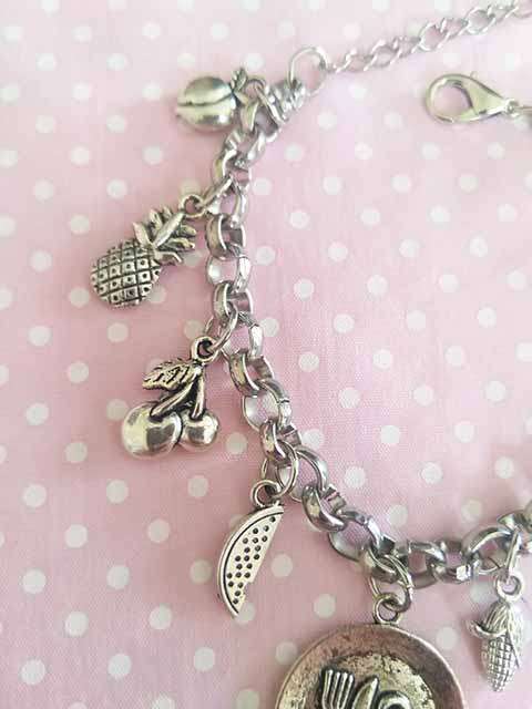 Cheri Bracelet, Rolo Chain With Charms, Food Theme, Nickel, Lobster Clasp, 19cm + 5cm, 1pc