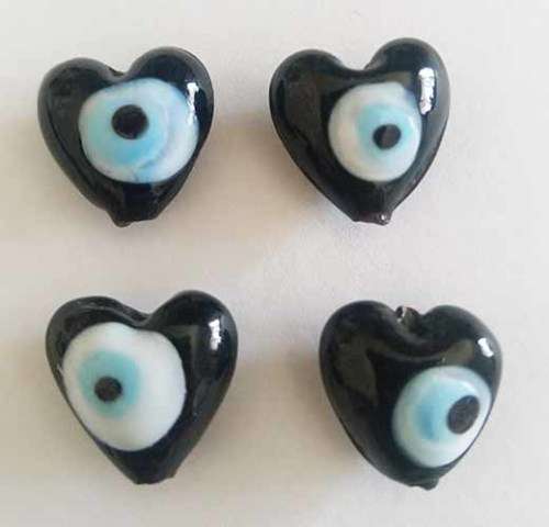 Glass Beads, Hand Crafted, Eye Beads, Heart, Black, 14mm, 2pc