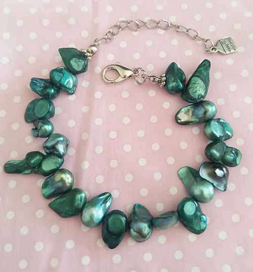Perrine Bracelets, Green Freshwater Pearls, Pearl Size - ±9mm, Lobster Clasp, 19cm + 5cm Ext