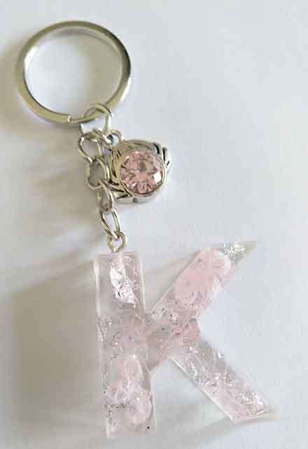 Personal Keyring, Pink Letter `K`, 40mm x ±9mm, Resin Product, Handmade, Unique